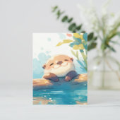 水彩画のカワウソが丸太に佇む ポストカード (スタンド正面)