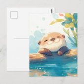 水彩画のカワウソが丸太に佇む ポストカード (正面/裏面)