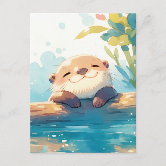 水彩画のカワウソが丸太に佇む ポストカード (正面)
