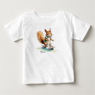 水彩画のキツネスケートボード ベビーTシャツ