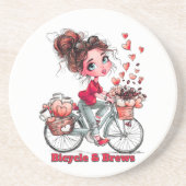 水彩画のキュートな自転車少女 コーヒー コースター (正面)