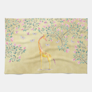 水彩画のキリンの蝶および花 キッチンタオル