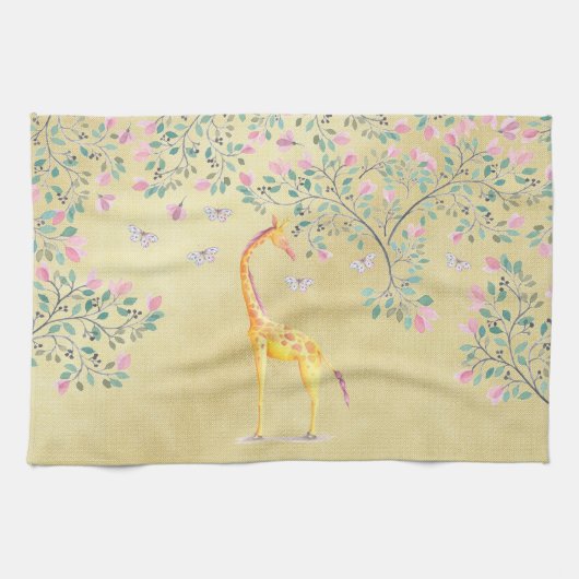 水彩画のキリンの蝶および花 キッチンタオル (横)