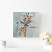 水彩画のキリン 手描き 名前 スクエア壁時計 (ホーム)