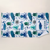 水彩画のクジラのタコパターンは航海のからかいます ビーチタオル (正面)