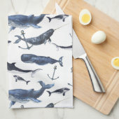 水彩画のクジラ及びいかりパターン キッチンタオル (四つ折り)