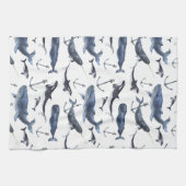 水彩画のクジラ及びいかりパターン キッチンタオル (横)