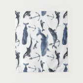 水彩画のクジラ及びいかりパターン タペストリー (正面)