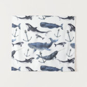 水彩画のクジラ及びいかりパターン タペストリー (正面(横))
