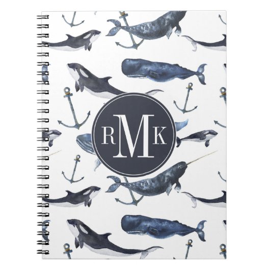 水彩画のクジラ及びいかりパターン ノートブック (正面)