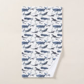 水彩画のクジラ及びいかりパターン バスタオルセット (ハンドタオル)