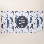 水彩画のクジラ及びいかりパターン ビーチタオル (正面)