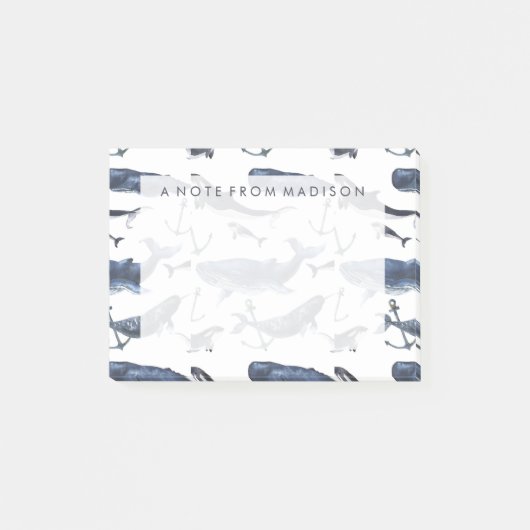 水彩画のクジラ及びいかりパターン ポストイット (正面)