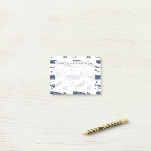 水彩画のクジラ及びいかりパターン ポストイット (デスク上)