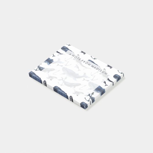 水彩画のクジラ及びいかりパターン ポストイット (アングル)