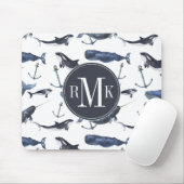水彩画のクジラ及びいかりパターン マウスパッド (マウス)