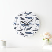 水彩画のクジラ及びいかりパターン ラージ壁時計 (ホーム)