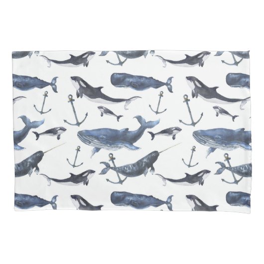 水彩画のクジラ及びいかりパターン 枕カバー (正面左)