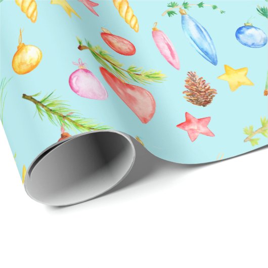 水彩画のクリスマスの包装紙のターコイズ ラッピングペーパー (ロールコーナー)
