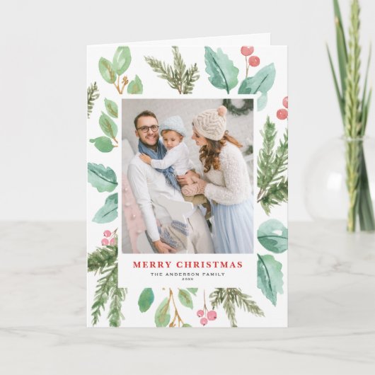 水彩画のクリスマスの群葉及びヒイラギフレームの写真 シーズンカード (正面)