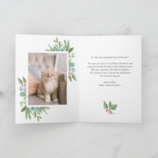 水彩画のクリスマスの群葉及びヒイラギフレームの写真 シーズンカード (内部)