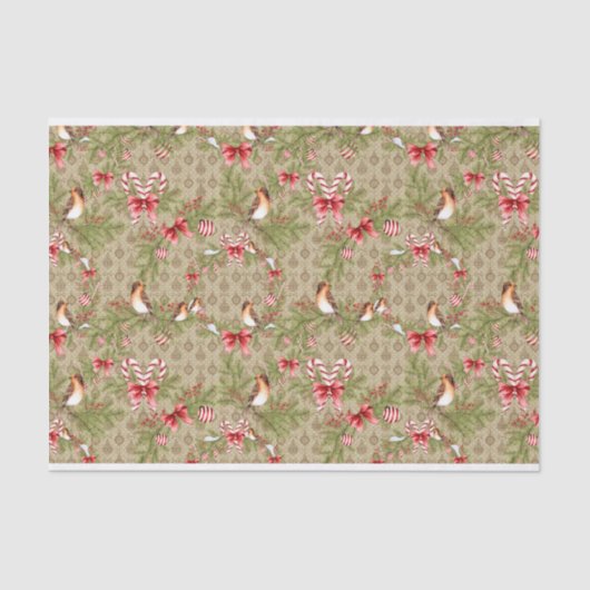 水彩画のクリスマスの鳥のマツ枝ヒイラギ 薄葉紙 (正面)