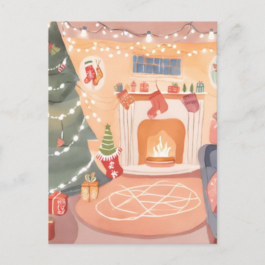 水彩画のクリスマスストーブ ポストカード (正面)