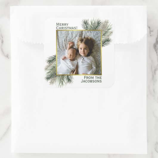 水彩画のクリスマスツリーと写真 スクエアシール (バッグ)