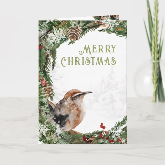水彩画のクリスマスツリーのウロコバシの巣 シーズンカード (正面)