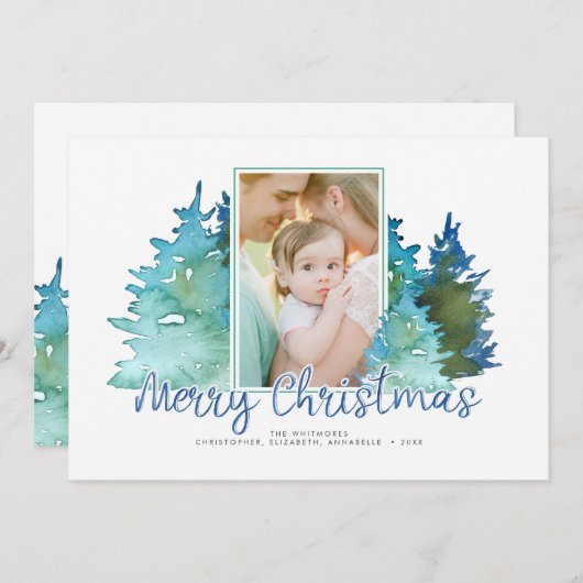 水彩画のクリスマスツリーの休日の写真 シーズンカード (正面/裏面)