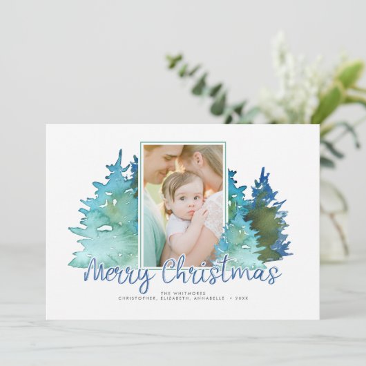 水彩画のクリスマスツリーの休日の写真 シーズンカード (スタンド正面)