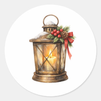 水彩画のクリスマスランプに火がついたろうそく ラウンドシール