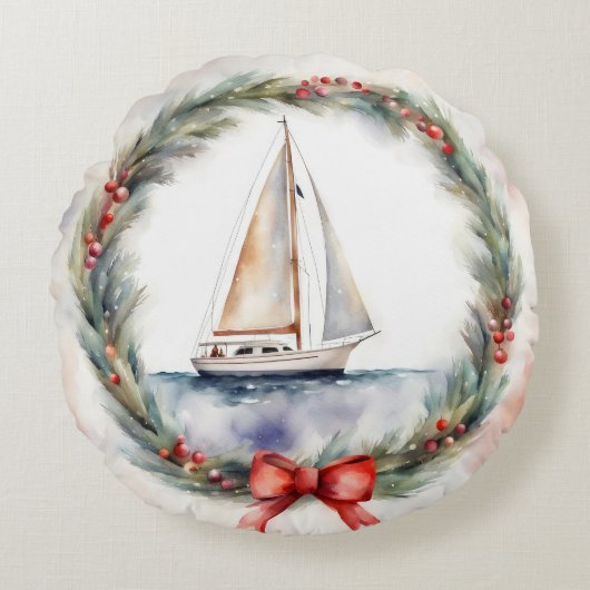 水彩画のクリスマスリースの中の帆船 ラウンドクッション (正面)