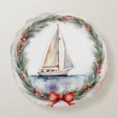 水彩画のクリスマスリースの中の帆船 ラウンドクッション (裏面)