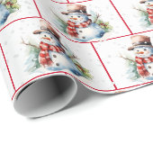 水彩画のクリスマス雪だるま（雪の結晶背景） ラッピングペーパー (ロールコーナー)