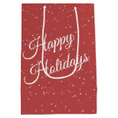 水彩画のクリスマス飾りのある雪の小屋と雪だるま ミディアムペーパーバッグ (裏面)