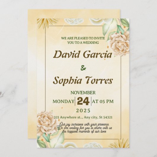 水彩画のクリームホワイトの花をあしらったゴールドのウェディング 招待状 (正面/裏面)