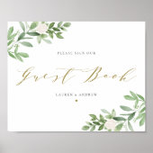 水彩画のグリーンと白い花のゲストブック ポスター (正面)