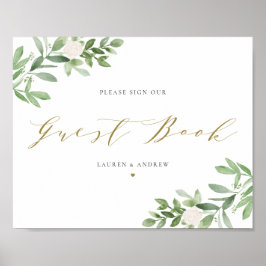 水彩画のグリーンと白い花のゲストブック ポスター