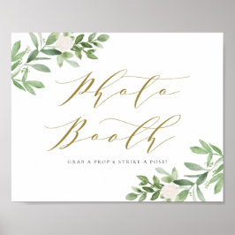 水彩画のグリーンと白い花のフォトブース ポスター