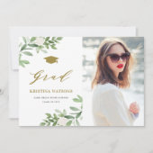 水彩画のグリーンと白い花の卒業 招待状 (正面)