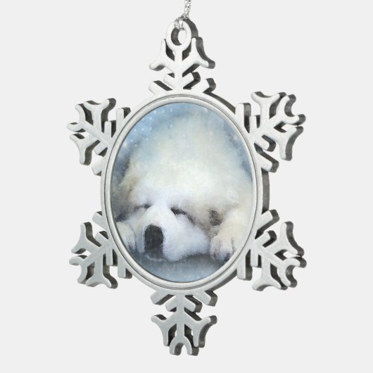 水彩画のグレート・ピレニーズの睡眠の子犬 スノーフレークピューターオーナメント (右)
