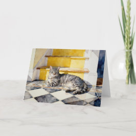 水彩画のグレー+タビー猫の研究A カード
