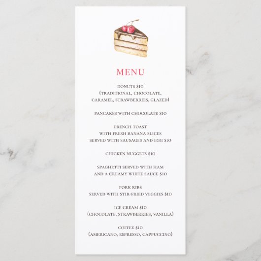 水彩画のケーキやパイ。シンプルなベーカリーカフェのデザート メニュー (正面)