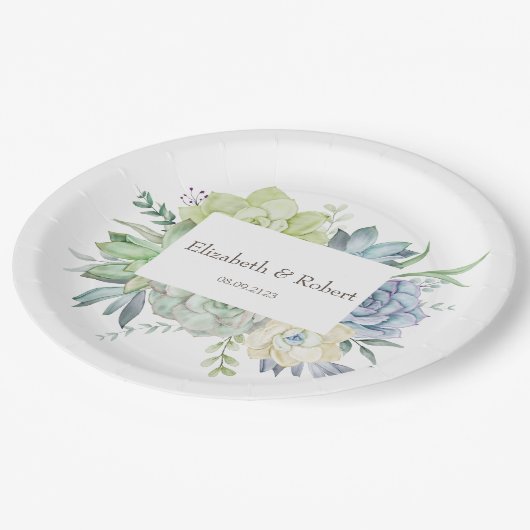 水彩画のケーキ状の多肉植物 ペーパープレート (アングル)