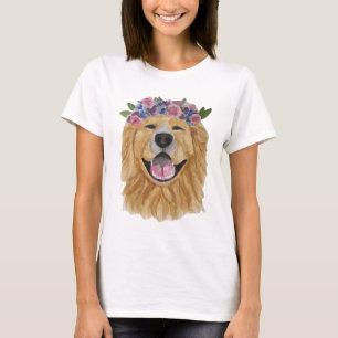 水彩画のゴールデン・リトリーバーの花の王冠のティー Tシャツ
