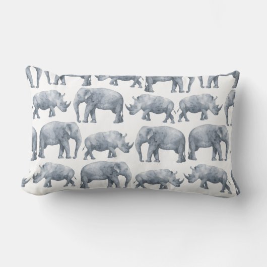 水彩画のサファリの象及びサイパターン ランバークッション (正面)