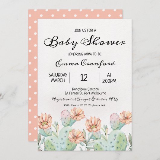 水彩画のサボテンの中立ベビーシャワーの招待状 招待状 (正面/裏面)