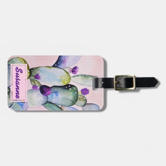 水彩画のサボテンの水気が多い花のパーソナライズ ラゲッジタグ (正面横)