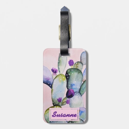 水彩画のサボテンの水気が多い花のパーソナライズ ラゲッジタグ (裏面縦)